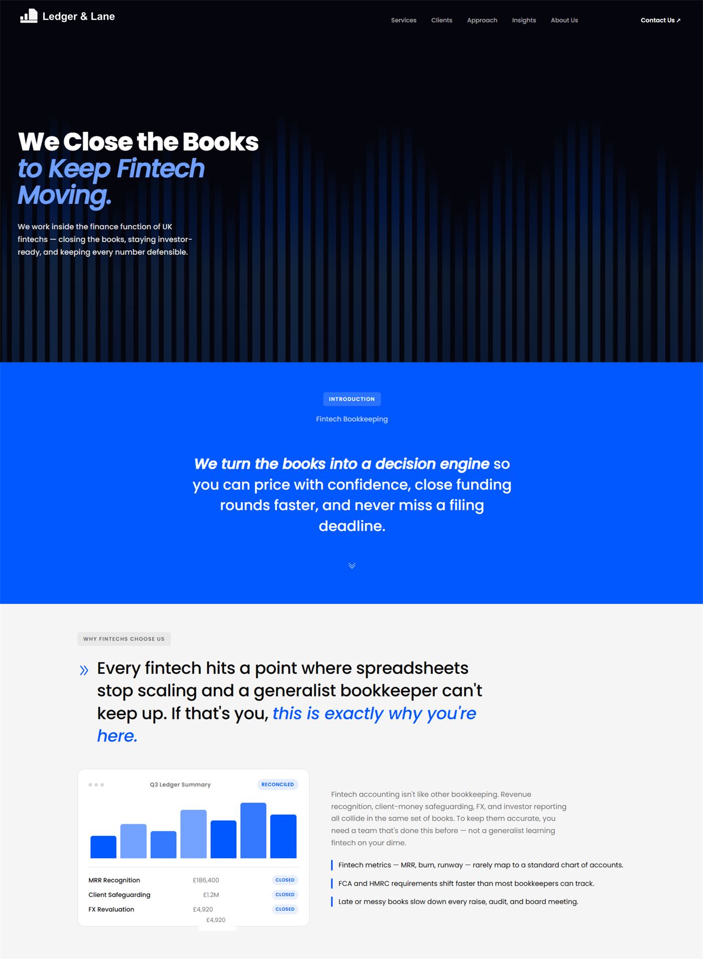 Accounting and finance website example, hero and introduction section