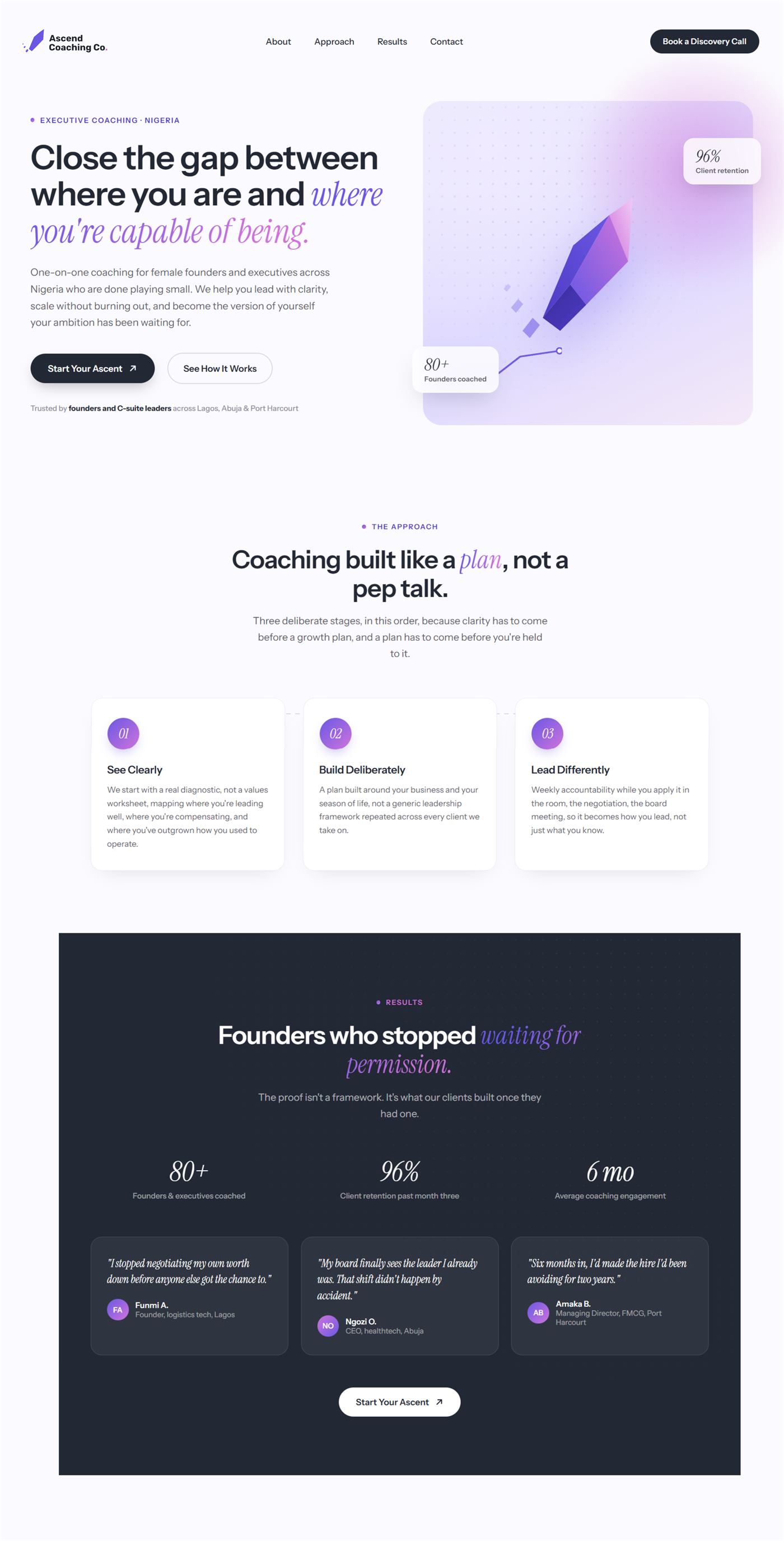 Coaching website example, hero and approach section