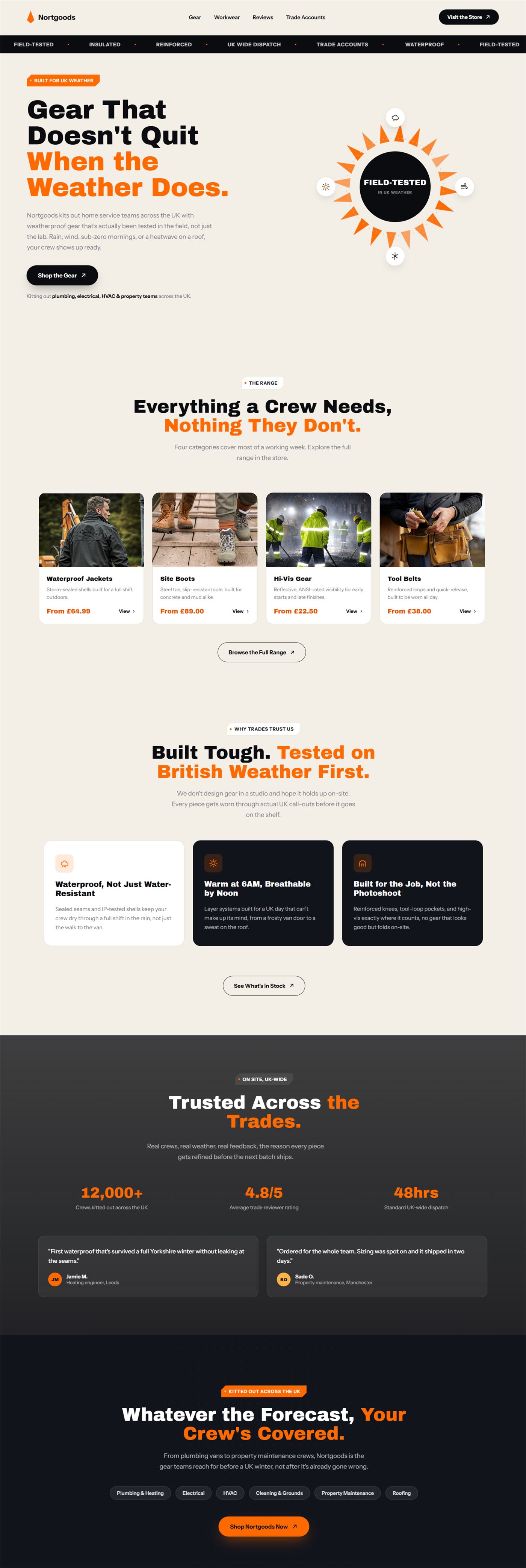 E-commerce website example, product range and trust sections